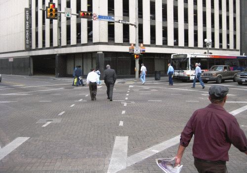 Scramble crossing at Commerce and Flores