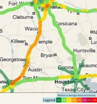 Map showing the freight "intensity" within the Texas Triangle