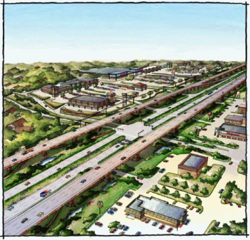 Artist's rendering of possible elevated expressway at 281 and Evans